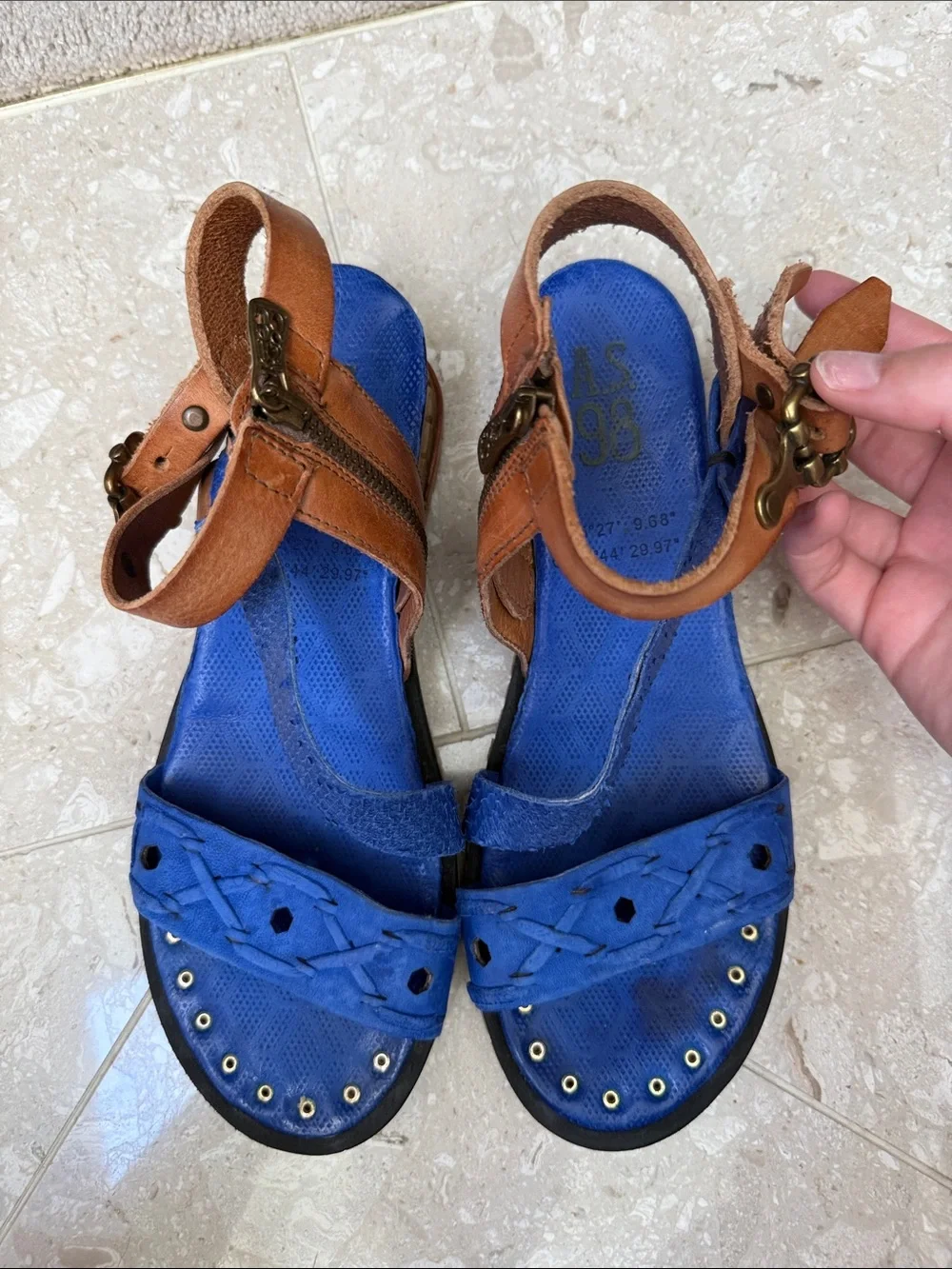 A.S.98 Blue Gladiator Strappy Ankle Buckle Zippered Wedge Sandals Studs Sz 40